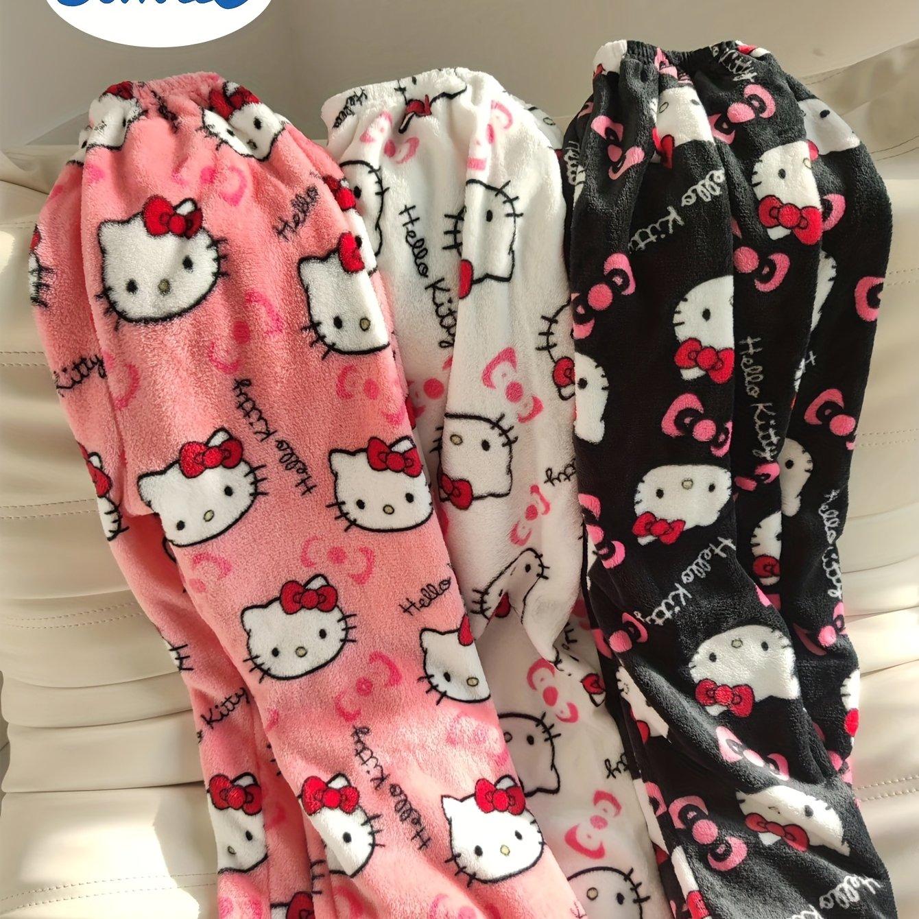 TEMU 3pcs New Year & Valentine's Gift - Hello Kitty Official Pajama Pants, Black White Pink Plush Flannel, Loose Warm Pants For Girls, Matching Outfits For Bestie Couple Family, For Teenager