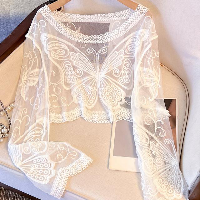 TEMU Bohemian Style Embroidered Mesh Short Women's Long Sleeve Round Neck Casual Top