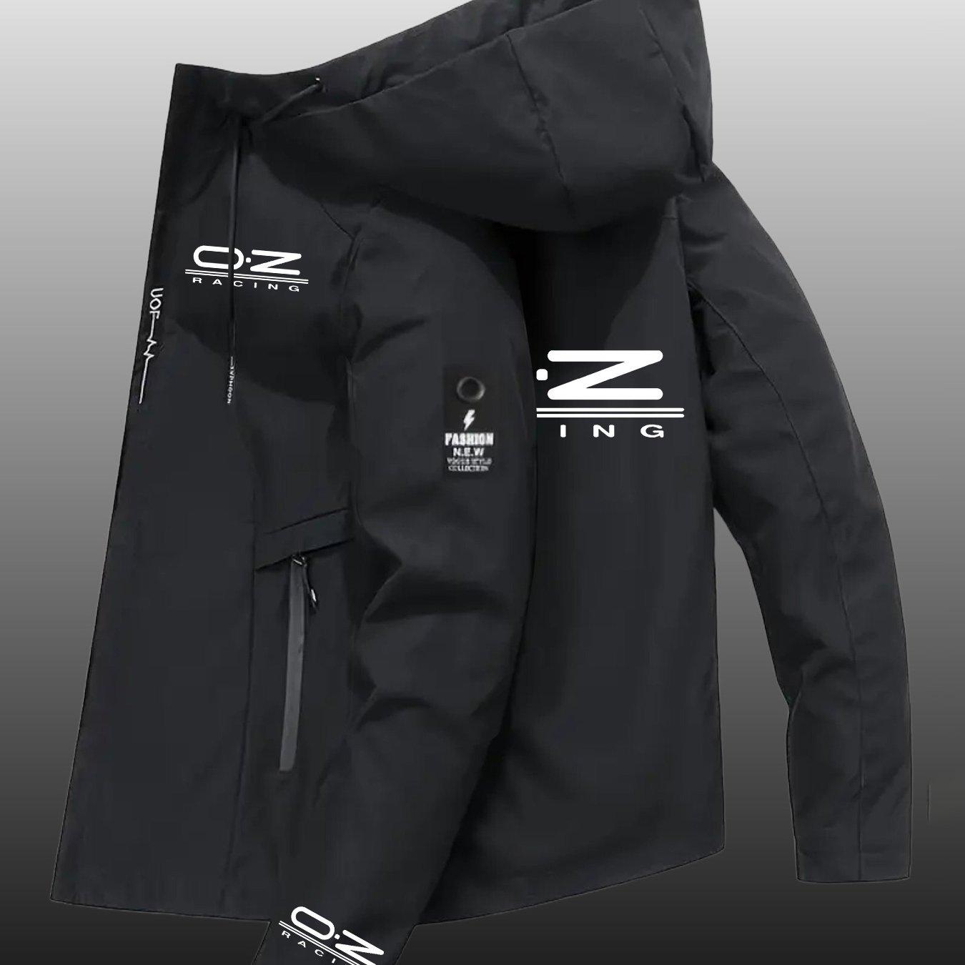 TEMU Men's Black Hooded Zip-up Jacket With "" Print - Casual Outdoor Windbreaker, Polyester Lining, Pockets, Perfect For Fall & Winter, Ideal Halloween Or Christmas Gift, Winter Jacket