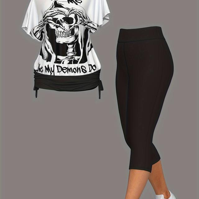 TEMU Neues Valentinstag Damen Gothic "Love Me" Schädel-Mode-Casual-Print-Set mit Oberteil und Shorts
