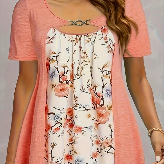 TEMU Top Feminino Plus Size com Estampa Floral e de - Casual, Bainha Assimétrica, de Corrente Metálica Elegante, Perfeito para & Verão