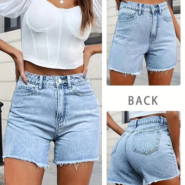 TEMU Women's Stretch Denim Shorts With Hem - Light Blue Casual Summer Shorts, For Casual Attire, Travel & Weekend , Versatile Clothing | |