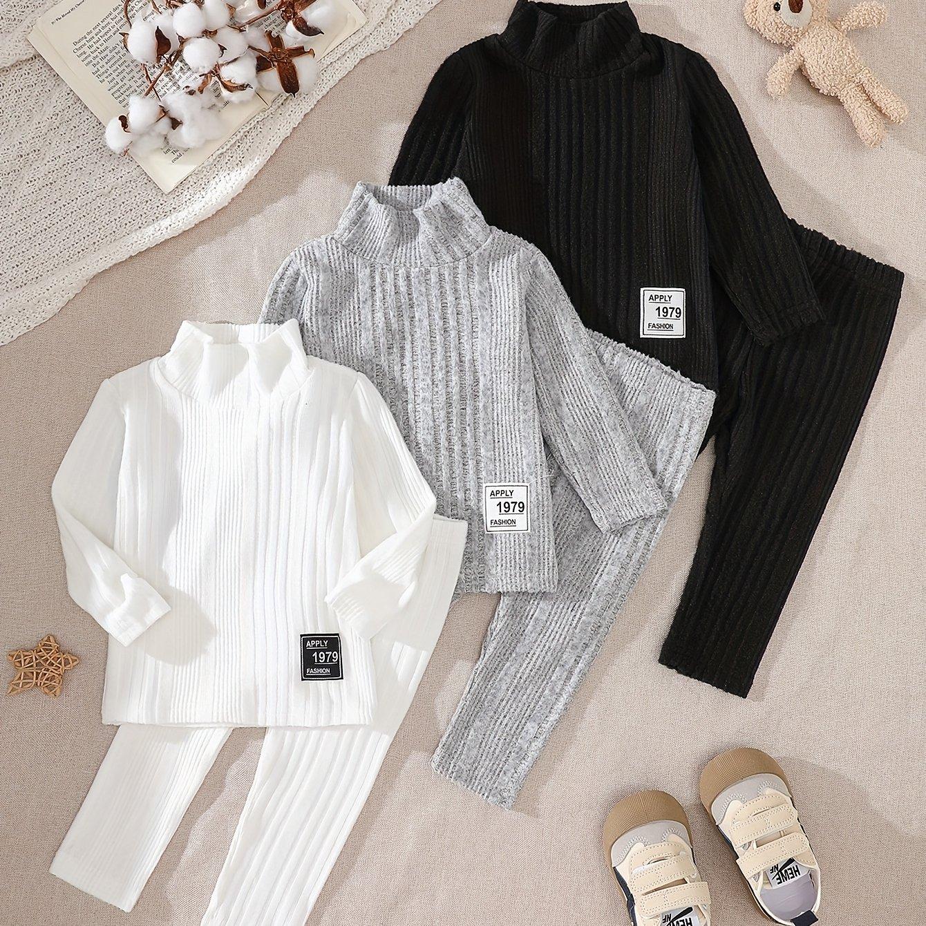 TEMU 6pcs Kids Fleece Ribbed Long Sleeve Pants Set Fashion Casual Elastic Spring Autumn Winter Clothes Suitable For Baby Boys And Girls Creative Children's Clothing Gifts, For Outdoor