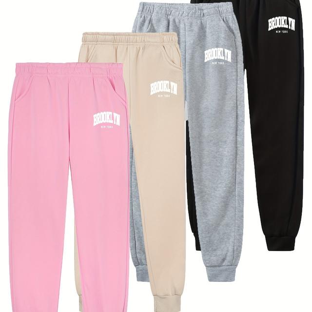 TEMU Pack Multi-Filles Automne/Hiver "BROOKLYN" Pantalons de Survêtement Décontractés à Imprimé Lettres de Mode, Confortables et , Parfaits pour l'Extérieur