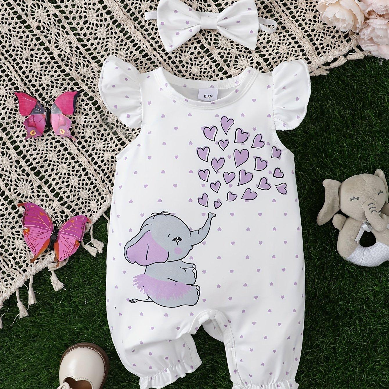 TEMU Baby's Cartoon Elephant & Heart Print Bodysuit & Headband, Casual Cap Sleeve Romper, Toddler & Infant Girl's Onesie For Summer, As Gift, Perfect For Outdoor
