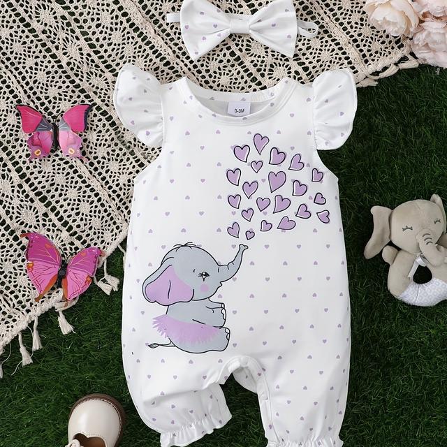 TEMU Baby's Cartoon Elephant & Heart Print Bodysuit & Headband, Casual Cap Sleeve Romper, Toddler & Infant Girl's Onesie For Summer, As Gift, Perfect For Outdoor