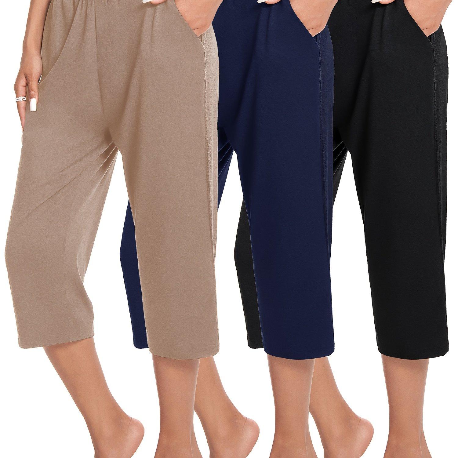 TEMU 3-pack Women's Loose Fit Capri Yoga Pants With Pockets Solid Color Stretchy Workout Running Joggers Casual Athletic Lounge Sportswear Set