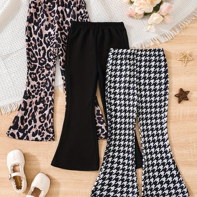 TEMU Little Girl Knitted Comfortable Fashion Leopard And Print Flared Pants, For Outdoor