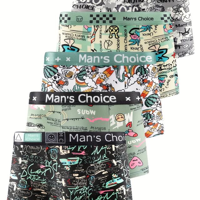 TEMU 5db Graffiti Boxer Nadrág Férfi Alkalmi Nadrágok, Elasztikus Derékpánt, „MAN'” Graffiti Mintás, Fekete, Kényelmes Alkalmi Nadrágok, Kényelmes Alsóruházat