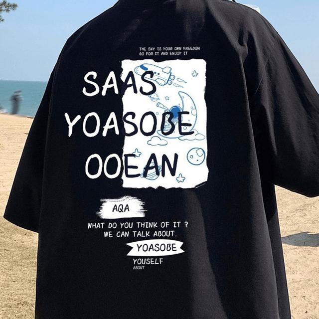 TEMU Men's Graphic T-shirt - Black With White Text, Lightweight Summer Tee For Everyday & Formal Outfits - Machine Washable Casual Shirt, Beach Outfit, Round Neckline, , Plus Size