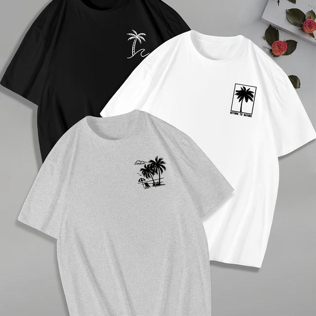 TEMU Pack de tres camisetas para hombres de talla grande, estampado , cuello redondo y cortas, TALLA GRANDE