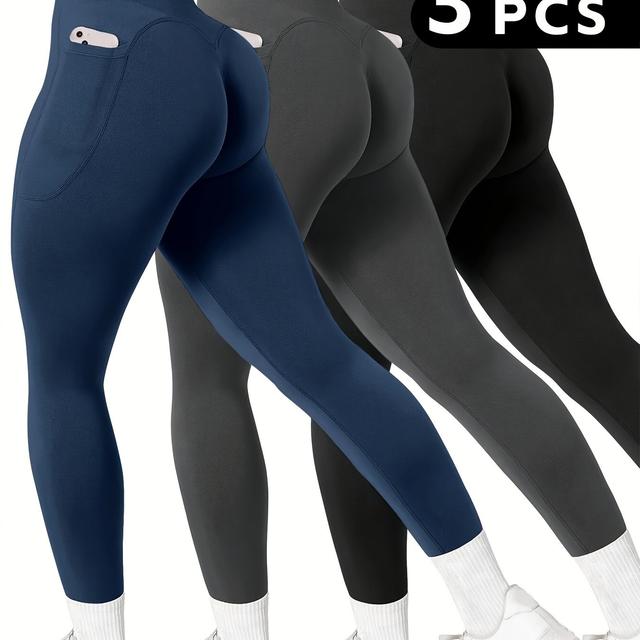 TEMU 3-pack Solid Color High Waist Pocket Leggings Gym Pants