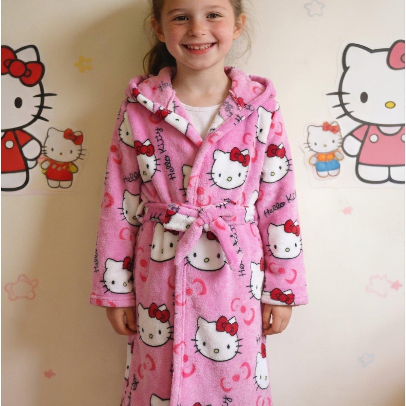 TEMU Hello Kitty Girls' Flannel Robe, With Tie-belt Design, Use, Perfect Gift For Hello Kitty Fans, Birthday Gift, New Year Gift, Valentine's Day Gift