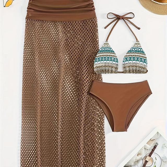 TEMU Fashionable Sexy Backless Halter Neck Ethnic Print High-waist Hollow-out Skirt Bikini Three-piece Set