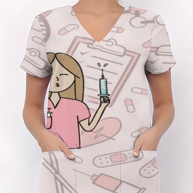 TEMU ชุดพยาบาลแฟชั่นผู้หญิงคอวีแขนสั้นพร้อมกระเป๋า ลายการ์ตูนสดใส ระบายอากาศได้ดี สไตล์ลำลองและหรูหรา เหมาะสำหรับทุกฤดูกาลและการใช้งานประจำวัน ผลิตจากผ้าสวมใส่สบาย