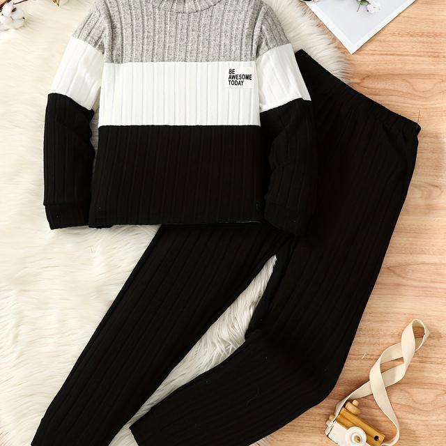 TEMU Boys' Stylish Three-color Long-sleeve Top And Long Pants Set, For Outdoor