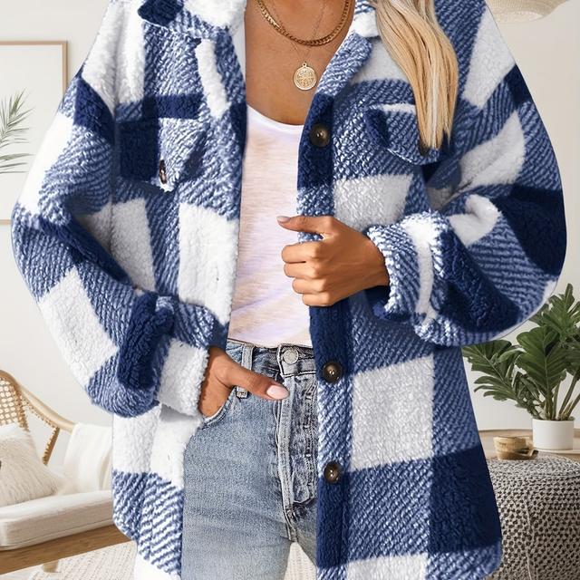 TEMU veste d'automne-hiver en peluche à carreaux pour femme, manteau polyvalent à manches longues et boutons en peluche, vêtements pour femme