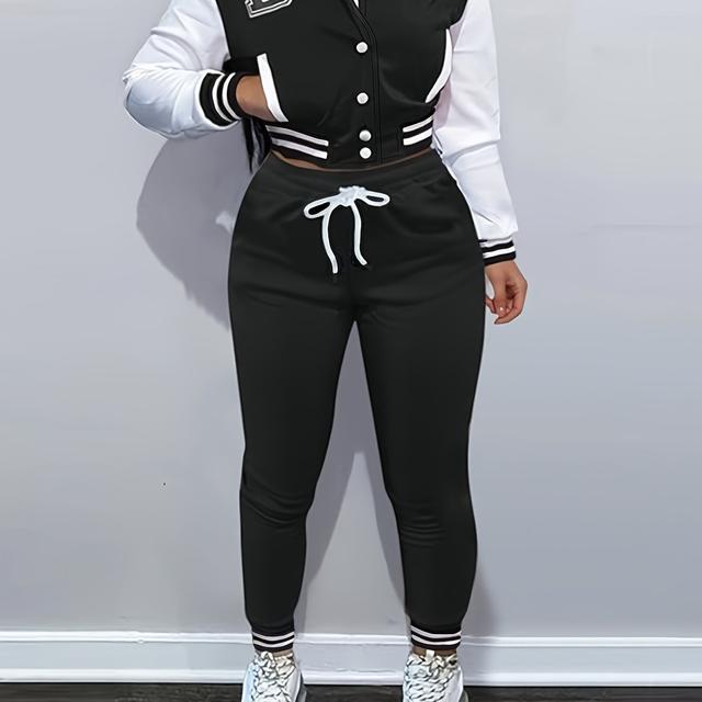 TEMU 2 Peças Conjunto Feminino Combinado - Jaqueta com e Calça , Letras (Jaqueta e Calça), Para Uso na /Outono, Lavável na Máquina, Uniforme Não Elástico para Uniformes de ou Uso Casual