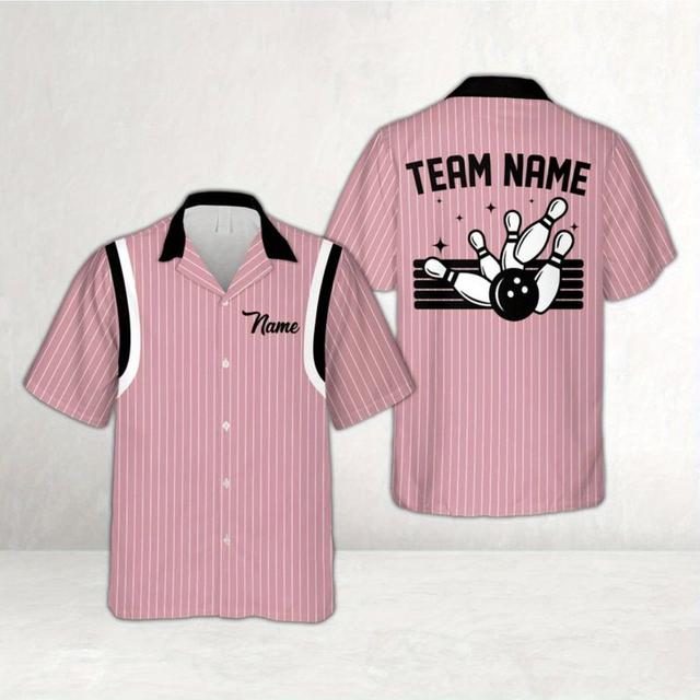 TEMU Personalized Hawaiian-style Bowling Shirt With Custom Name, Featuring Retro Stripes And A Button-, Perfect For Matching Bowling Teams And As A Gift For