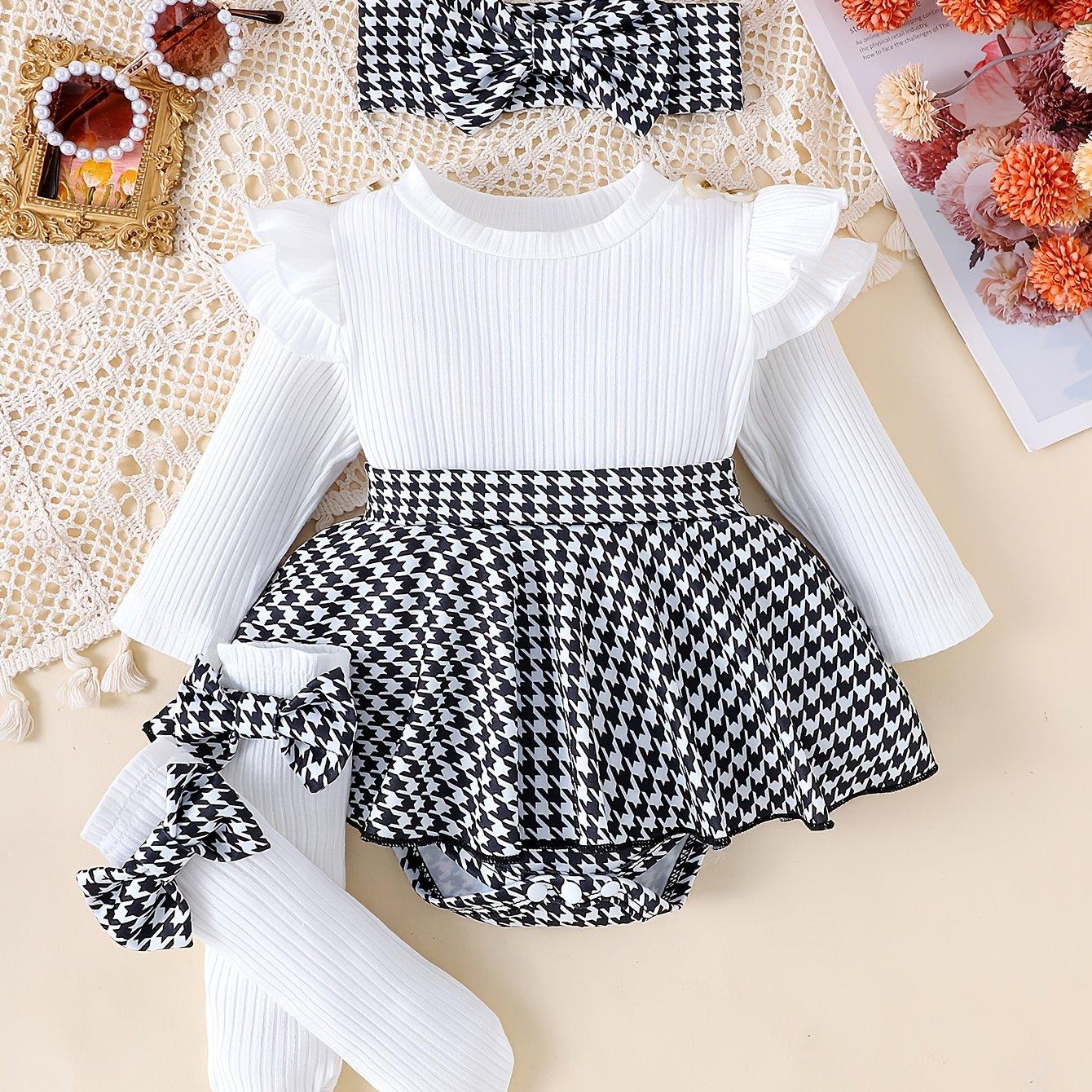 TEMU Autumn-winter Infant And Toddler Ribbed Long Sleeve Double-layer Puff Sleeve Hem Romper With Foot Cover And Headband, Perfect For Outdoor