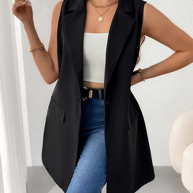 TEMU 플러스 사이즈 - 여성용 우아한 민소매 라펠 칼라 재킷, 중간 길이 솔리드 컬러 블랙 다목적 아우터웨어, 캐주얼 & 포멀 룩에 어울리는 구조적 핏, 스타일리시 레이어링 피스, 세련된 룩, 내구성 있는 소재, 정교한 스티칭, 사무실 여성용 고품질 스티치