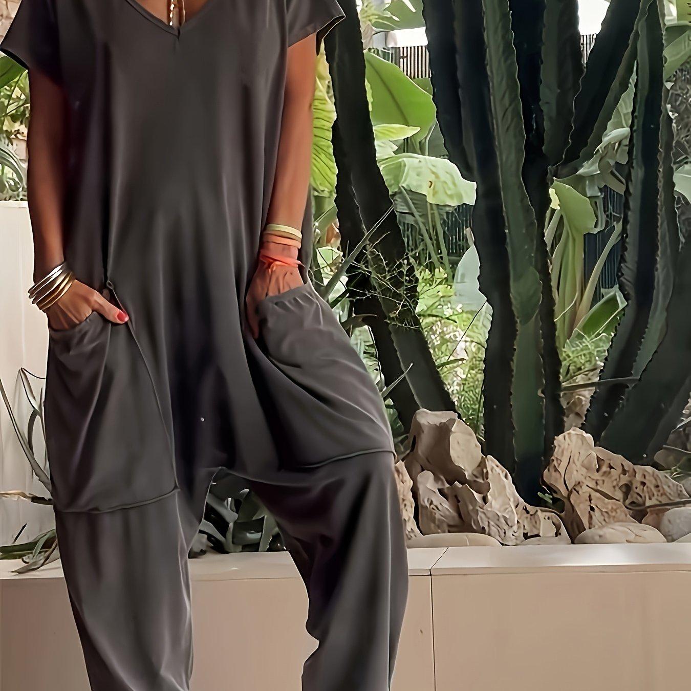 TEMU Plus Size - Plus Size - Casual Baggy Romper For Women With A Solid Color And Pockets