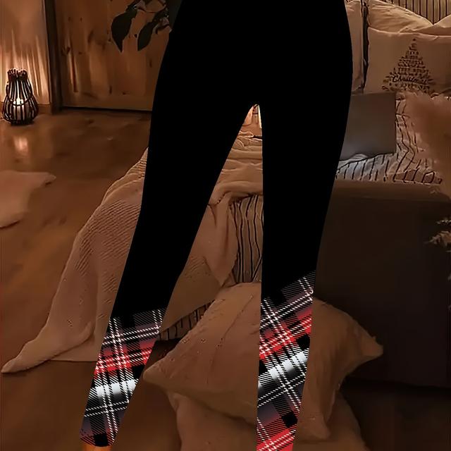 TEMU プラスサイズ 格子柄プリントレギンス カジュアル普段使いストレッチレギンス レディースプラスサイズ服