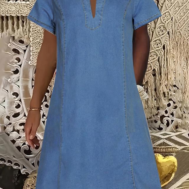 TEMU Women's V-neck Wrinkle-resistant Denim Dress With Pockets - Fitted Short Sleeve, Machine Washable Versatile Blue Dress For Casual Attire, , Elegant Style, Comfortable Material, Modern Wardrobe