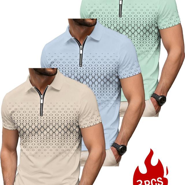 TEMU 3pcs Set. Men's Fashionable 3d Printed Short-sleeved Button- Collar Shirt For Summer Daily Wear. Fashionable Button- Collar Design T-shirt With Patterns