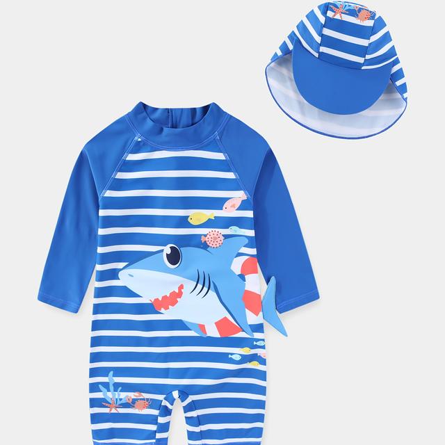 TEMU Maillot de bain une pièce garçon avec imprimé requin, maillot de bain une pièce garçon avec imprimé + capuche anti-vol, maillots de bain rayés pour garçons