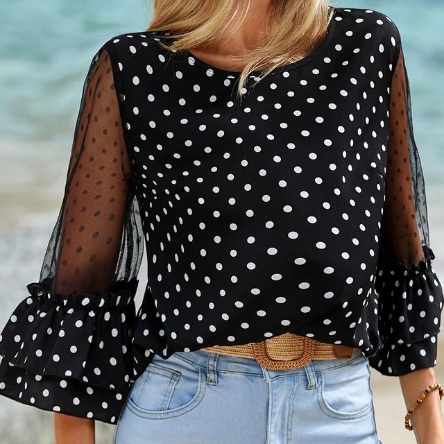 TEMU YY0511315 Frühling-Sommer Neue Modische Elegante Polka-Dot-Print Farbblock Mesh Rüschenärmel Bluse