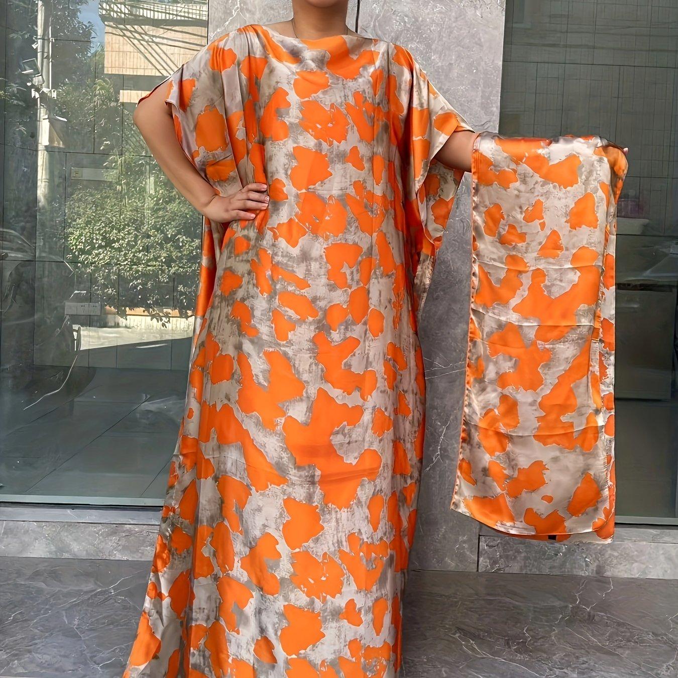 TEMU Plus Size - Plus Size - Plus Size Floral Pattern Longline Dress, Elegant Short Sleeve Crew Neck Dress With Scarf For Spring And Summer, Women's Plus Size Clothing
