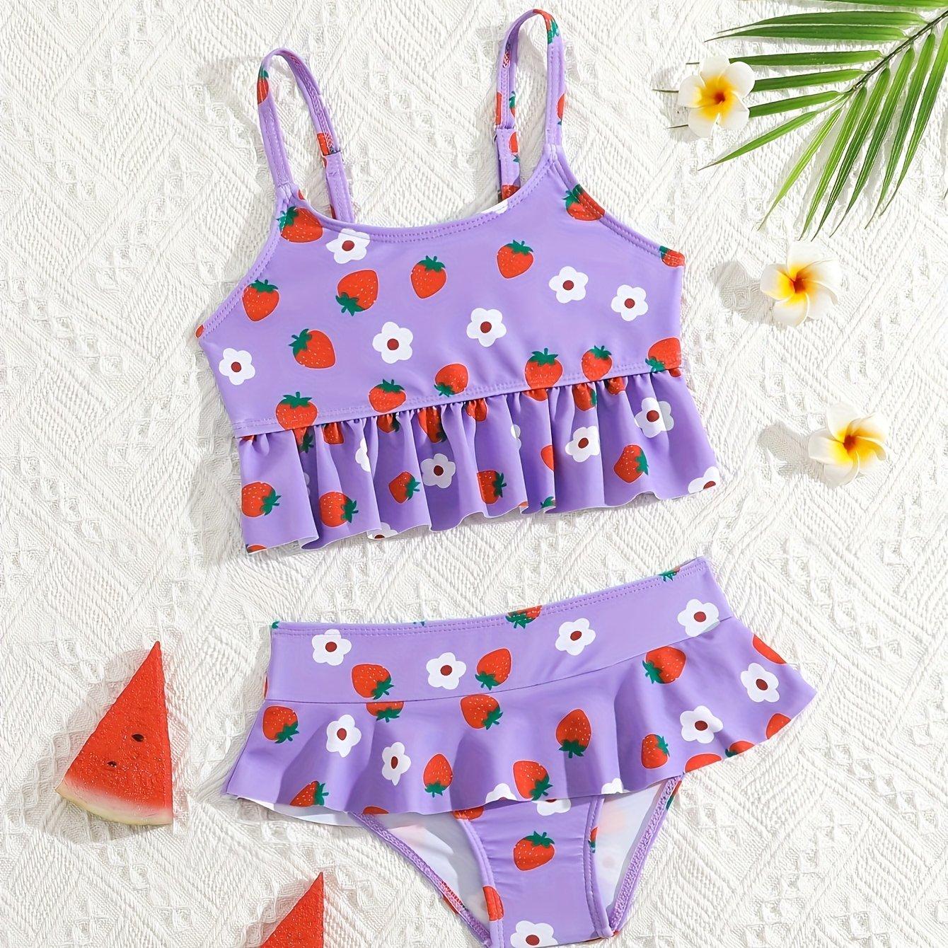 TEMU Sweet Girly , Light Purple Strawberry Small Flower Girls' Swimsuit, Encountering