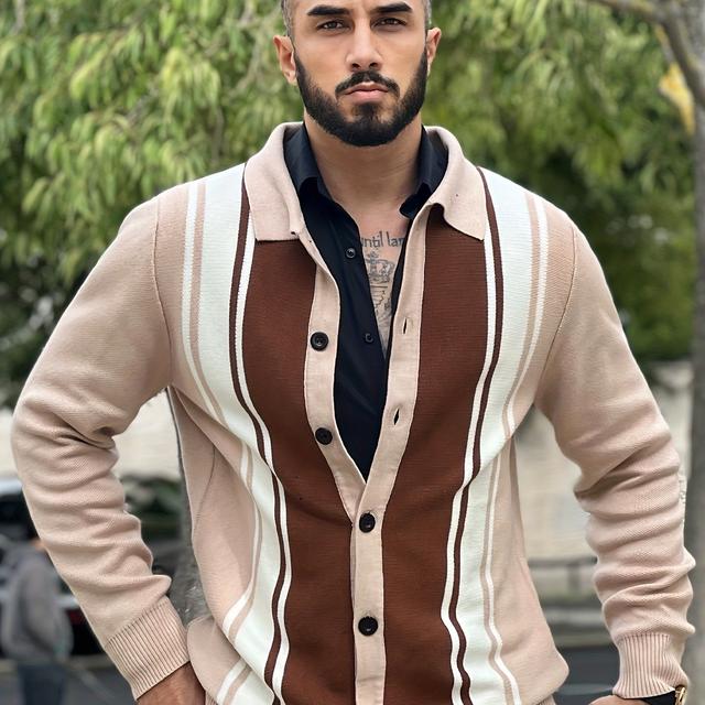 TEMU Gestrickter Herren-Strickjacken in Teetönen mit Streifen, mit Knopfverschluss, für lässige Freizeitkleidung im Frühling und Herbst
