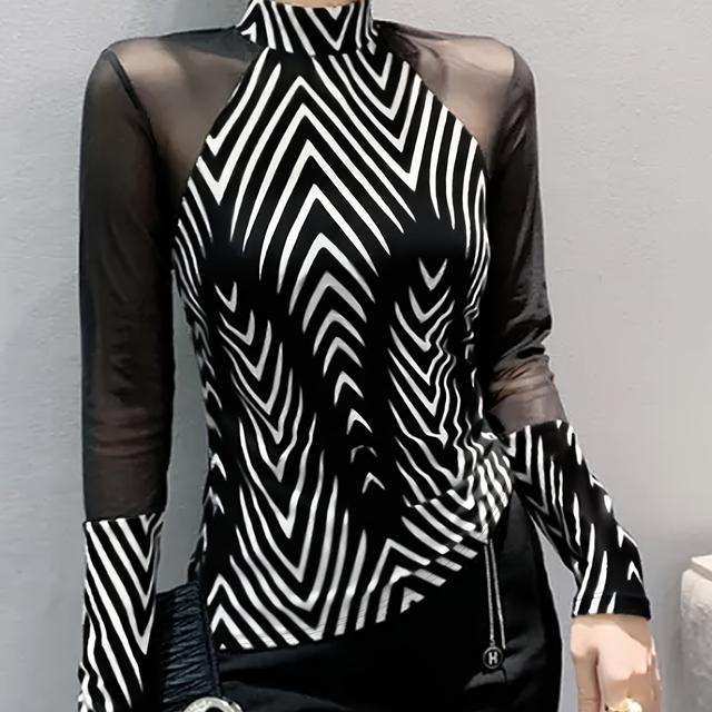TEMU Neues Damen High-Neck Stretch Top mit voller Druckfolie aus Mesh, modische Oberteile, bequemes Freizeitoberteil