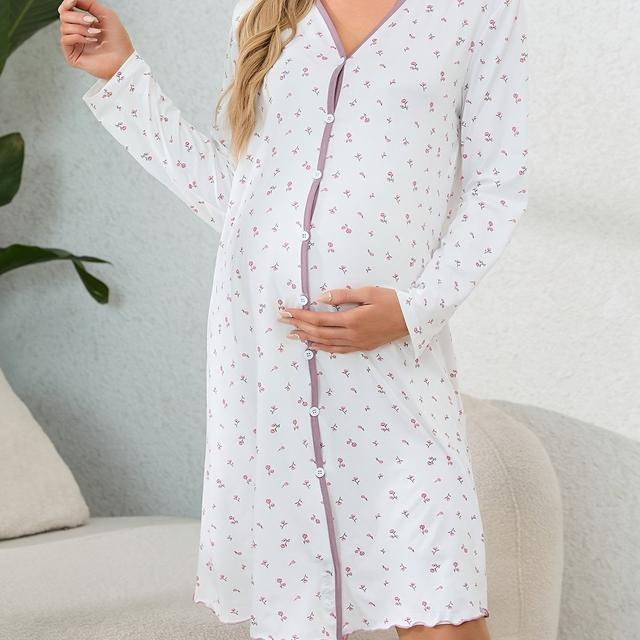 TEMU Camisón de Maternidad para Mujer - Cuello en Manga Larga y Estampado Floral, Pijama Cómoda Lavable a Máquina para Todo el Año, Tela No Transparente