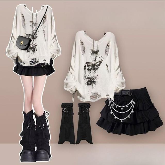 TEMU 【2025年秋の新作】レディース 韓国風 不規則な穴のセーターとスリムなスカートのセットアップ。