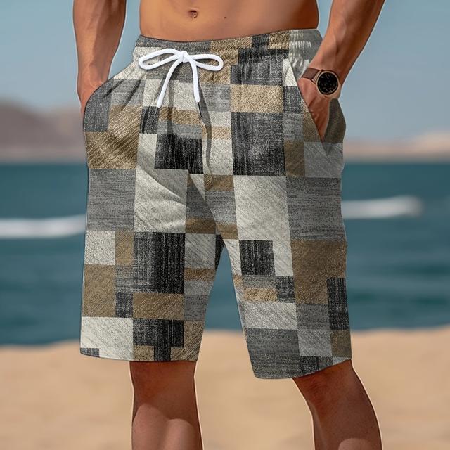 TEMU Men's Retro Plaid Drawstring Shorts - Casual & Sporty, Breathable Polyester, Machine Washable - Perfect For Beach & Home