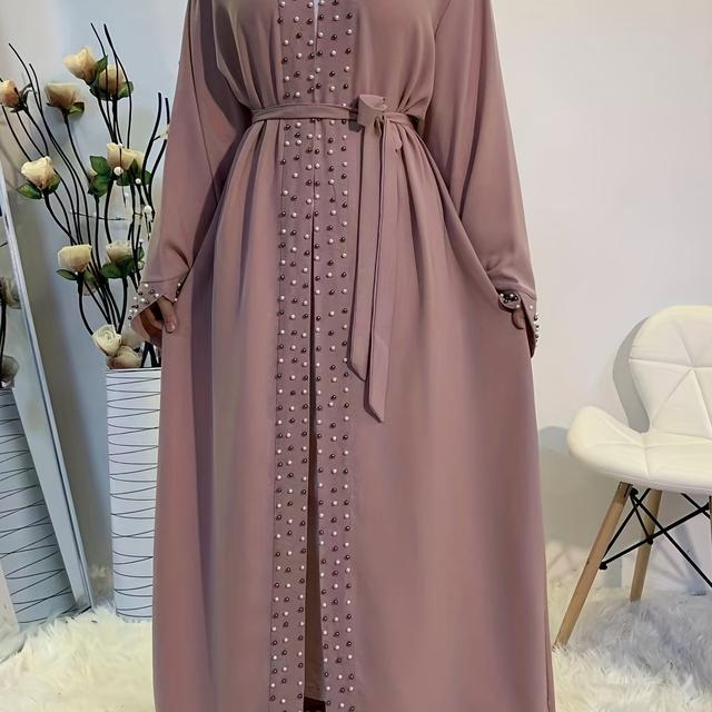 TEMU Ramadan Beaded Kaftan Long Line Cardigan, Casual Long Sleeve Loose Middle Long Line Cardigan, Women's Clothing