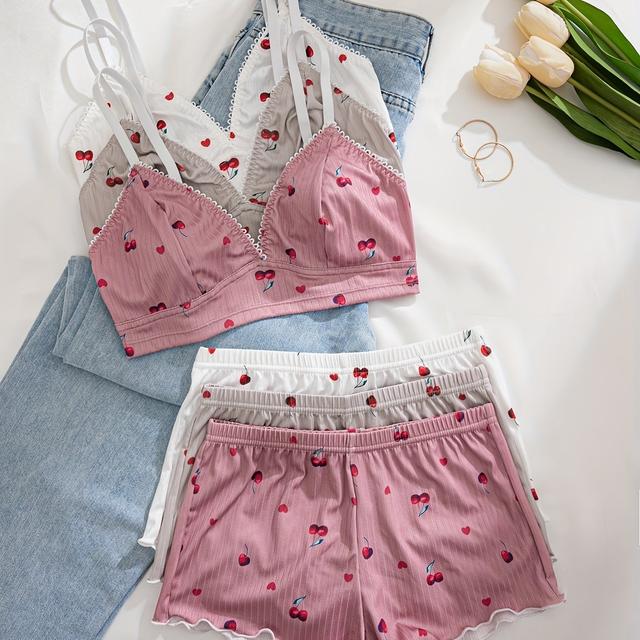 TEMU 3 Sets Of Women' Color Printed Ruffle Bra Sets