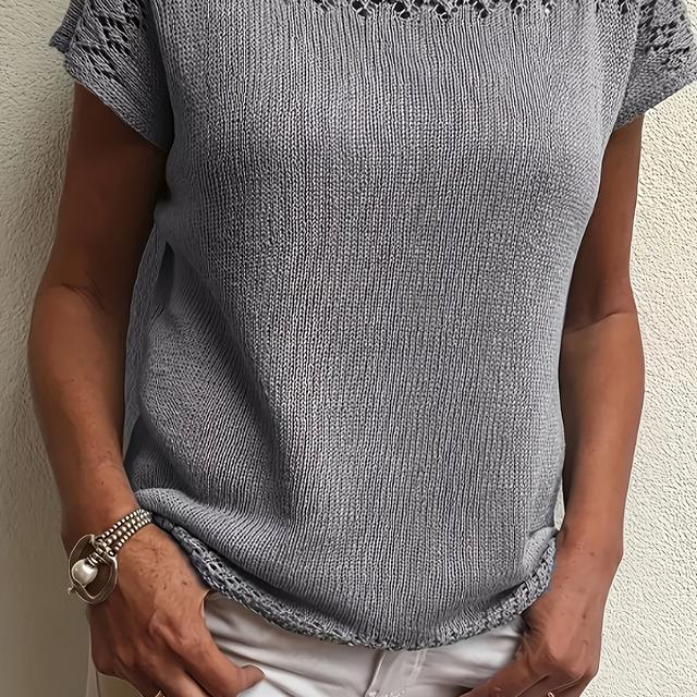 TEMU Women's Plus Size Casual Top - Short Sleeve, Round Neck, Light Gray With Stretchy Fabric, Breathable Spring/summer Blouse For Casual Attire, Relaxed Outing Apparel | Casual Top | Stretchy Fabric