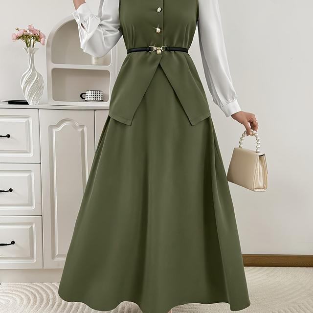 TEMU طقم فستان عربي أنيق للنساء - كم طويل، زر أمامي، تنورة واسعة، طقم رسمي وعصري لجميع ، مثالي للحفلات والاجتماعات والملابس الكاجوال، ملابس حفلات | طراز عربي أنيق | فستان بأزرار أمامية