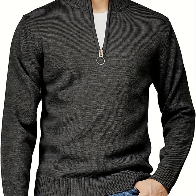 TEMU 2023 's Casual Streetwear Collar Zip-up Sweater - Long Sleeve Solid Color Knit Pullover For Autumn Winter, Regular Fit, Knit Sweater, Comfortable Fabric, Ribbed Detailing, Plus Size