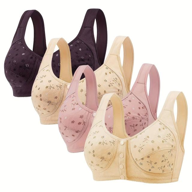 TEMU 4pcs Bralettes Élégants à Imprimé Floral avec Fermeture - Armature, Couverture Complète et Confort pour Femmes