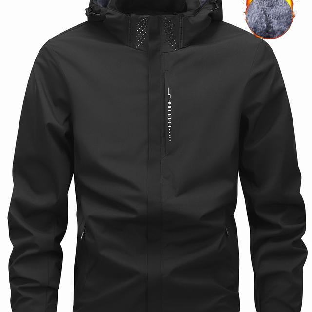 TEMU Men's Winter Fleece-lined Hooded Jacket, With Letter Print For Outdoor Sports & Travel