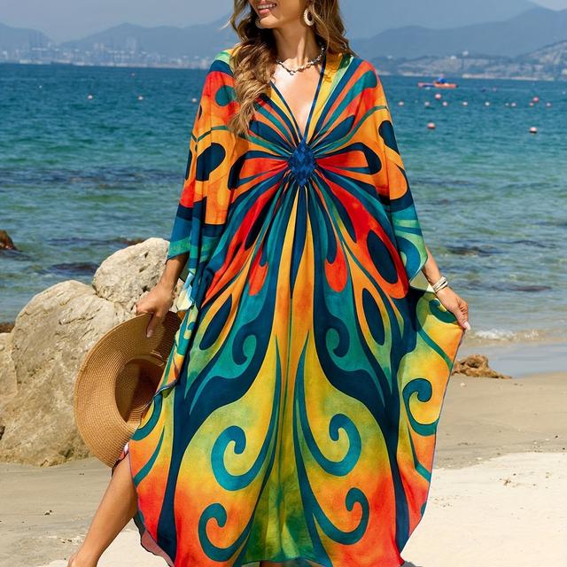 TEMU ชุดผ้าปักลายผีเสื้อแบบบูโฮชิคสำหรับผู้หญิงขนาดใหญ่พร้อมแขนบาตวิงและช่องด้านข้าง - ผ้าปักลายด้วยมือ ไม่ขยายสำหรับวันหยุดฤดูร้อน ชุดชั้นในชายหาด ชุดชั้นในสำหรับวันหยุด | ชุดบูโฮชิค | เนื้อผ้า