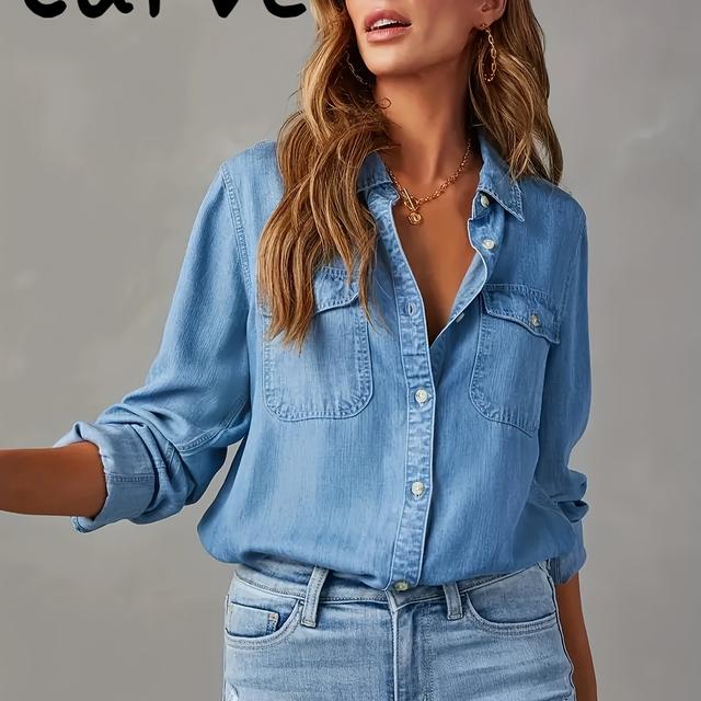 TEMU Veel Dames Plus Size Denim Shirt, Casual Woon-Werkverkeer Single-Breasted Long-Sleeve Denim Shirt, Klassieke Stijl, Modieus En Veelzijdige Top