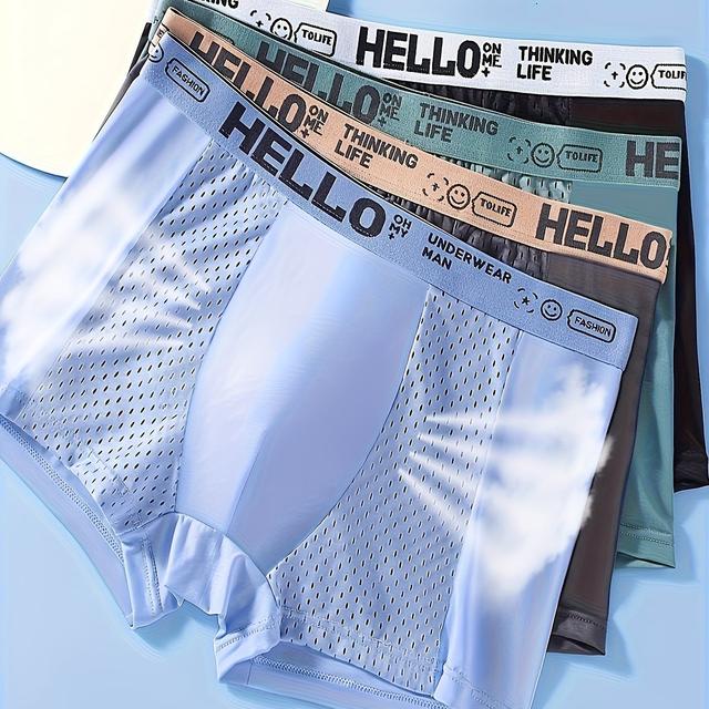 TEMU Set Of 8 Men's 'hello' Stylish Boxer Shorts - Breathable Mesh, A Blend Of Elastic And Spandex, Machine Washable