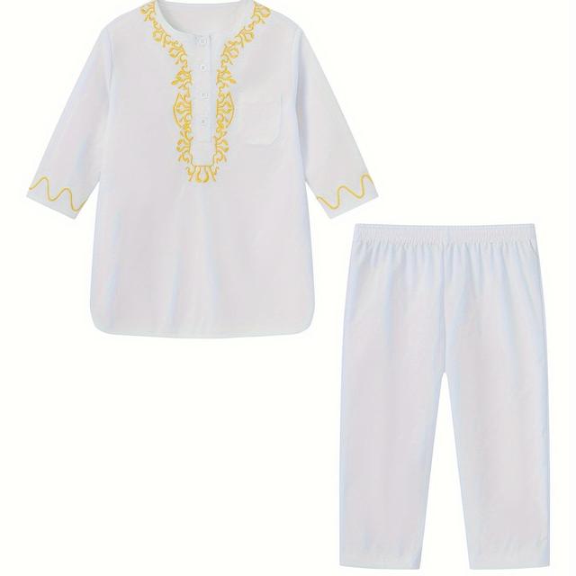 TEMU Ramazan Ramadan Jongens Modieuze Midden-Oosterse Traditionele Kleding Shirt En Broek 2-delige Set met Ronde Hals En Borduurwerk