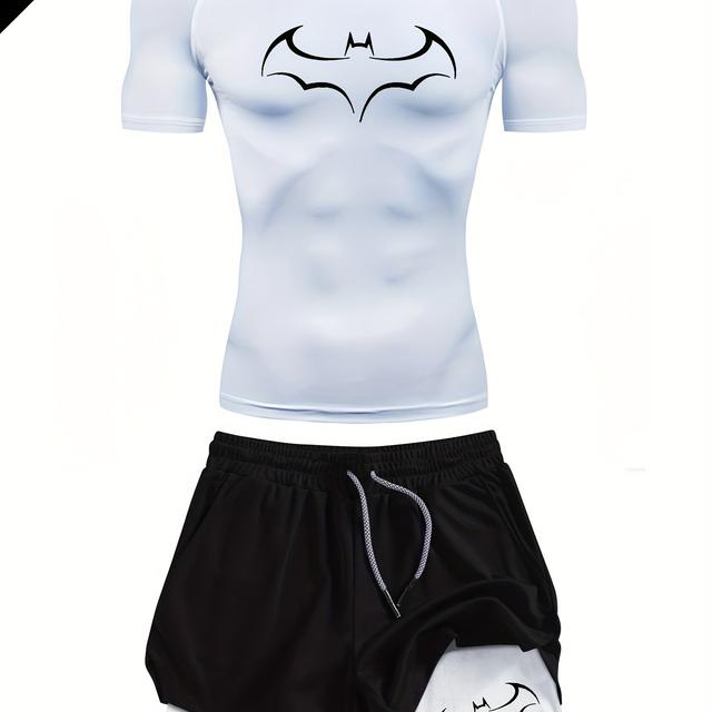 TEMU طقم رجالي ضيق: تي شيرت رياضي قصير الأكمام + شورت مزدوج الطبقات | قميص داخلي/خارجي برقبة مستديرة بطبعة خفاش، شورتات رياضية سريعة الجفاف للجري والتنزه وكرة القدم